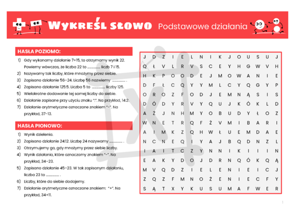 Matematyczna wykreślanka dla klasy czwartej. Podstawowe działania.