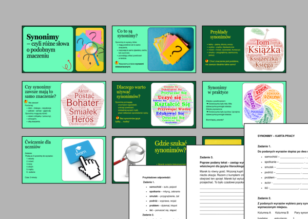 📘 SYNONIMY – prezentacja (10 slajdów) + karta pracy (2 strony) z odpowiedziami