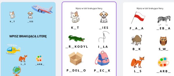 Uzupełnij brakujące litery - ćwiczenia w czytaniu i pisaniu