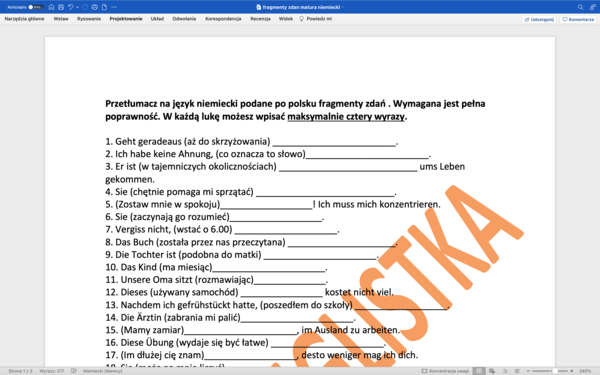 Tłumaczenie fragmentów zdań - matura rozszerzona z j. niemieckiego+ KLUCZ
