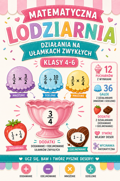 🍨 Stwórz Desery Lodowe! – działania na ułamkach zwykłych | wycinanka matematyczna klasy 4–6