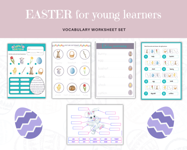 Easter for young learners - zestaw kart pracy dla klas 1-2 na Wielkanoc, słownictwo + dodatkowo części ciała
