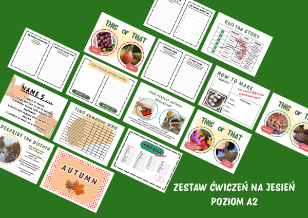Zestaw ćwiczeń w jesiennym klimacie. Mówienie oraz pisanie na poziomie A2.