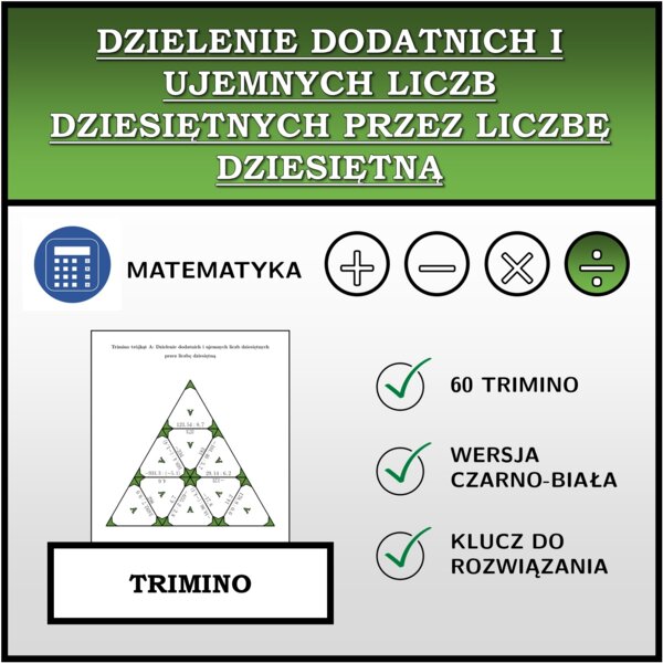 Trimino - Dzielenie dodatnich i ujemnych liczb dziesiętnych przez liczbę dziesiętną | matematyka
