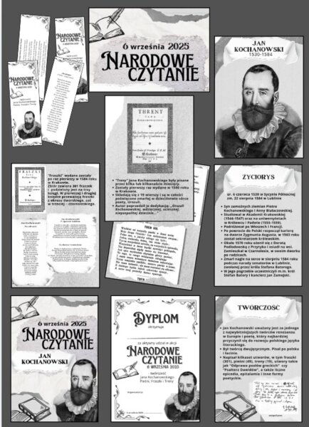 Narodowe czytanie 2025 - Jan Kochanowski - plakat, napisy, twórczość poety, dyplom, zakładki do książek