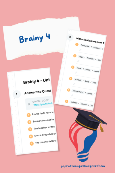 Brainy 4 - Unit 1 - karta pracy - First Day at School (24/25) - numbers, school objects - Krzyżówka GRATIS