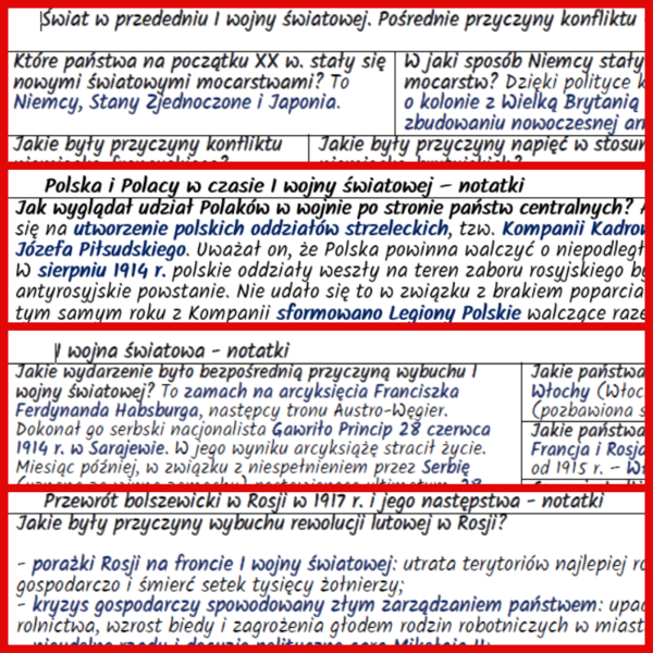 Europa w dobie I wojny światowej. NOTATKI