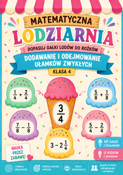 Matematyczna Lodziarnia – dodawanie i odejmowanie ułamków zwykłych | wycinanka matematyczna klasa 4