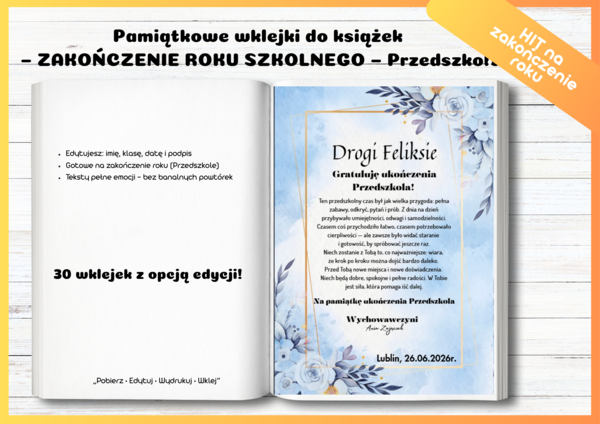 Pamiątkowe wklejki do książek – Zakończenie roku szkolnego (Przedszkole) | 30 wzorów | edytowalne