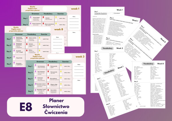 Angielski - Egzamin ósmoklasisty - Planer nauki na 8 tygodni z zestawem słownictwa i ćwiczeniami
