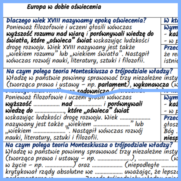 Europa w dobie oświecenia – notatki i karta pracy
