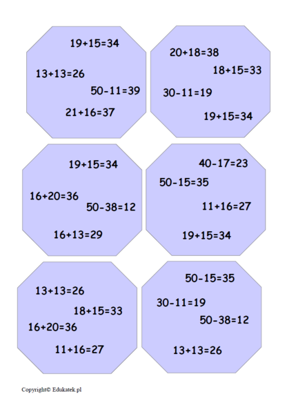 Zestaw kart typu dobble – utrwalanie dodawania i odejmowania