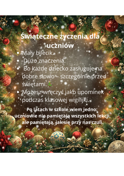 Życzenia dla uczniów - bileciki świąteczne dla klas 4-8