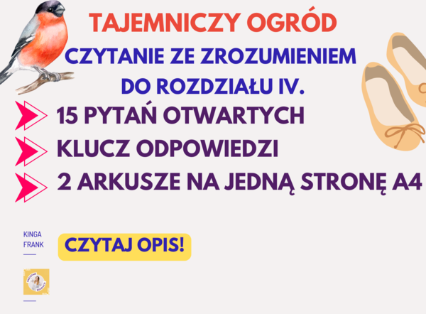 📖🌿 Tajemniczy ogród. Rozdział IV. Marta – czytanie ze zrozumieniem + klucz odpowiedzi! 🎒✨