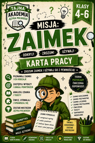 Zaimek – teoria i ćwiczenia | misja | karta pracy kl. 4–6 + odpowiedzi modelowe