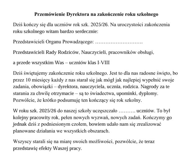 Plan i prowadzenie uroczystości zakończenia roku szkolnego dla dyrektora