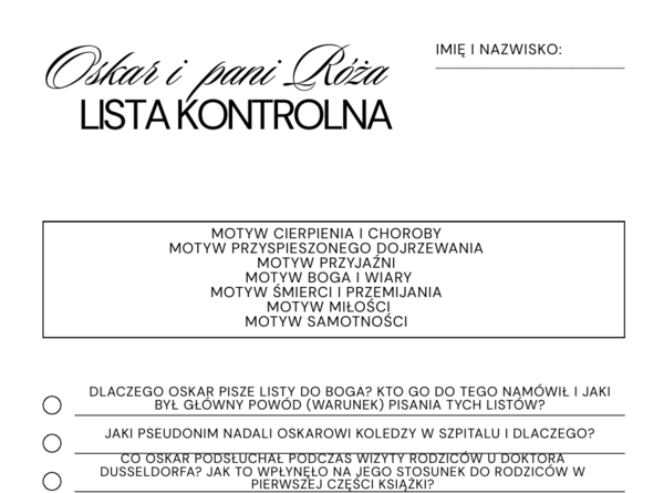Lista kontrolna do lektury Oskar i pani Róża