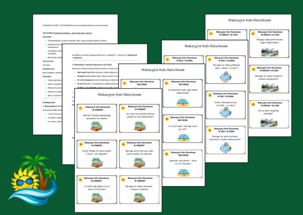 BEZPIECZNE WAKACJE – scenariusz lekcji i gra WAKACYJNE KOŁO RATUNKOWE + odpowiedzi – 48 fiszek – ZAJĘCIA Z WYCHOWAWCĄ – biblioteka – świetlica – klasy 4-8 –wakacje - lato