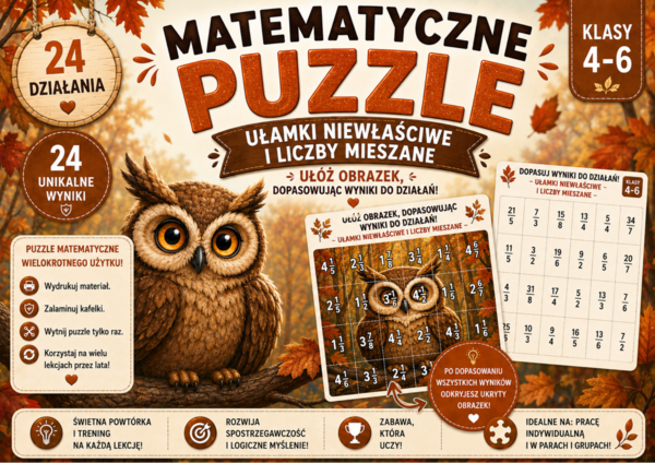 🦉 Matematyczne puzzle do ćwiczenia zamiany ułamków niewłaściwych na liczby mieszane. Uczniowie dopasowują wyniki i odkrywają ukryty obrazek. Idealne dla klas 4–6!