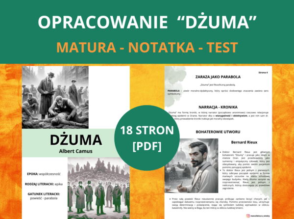 „Dżuma” – opracowanie + test: streszczenie, bohaterowie, analiza, motywy, konteksty, plan wydarzeń [PDF] – szkoła średnia, matura, język polski