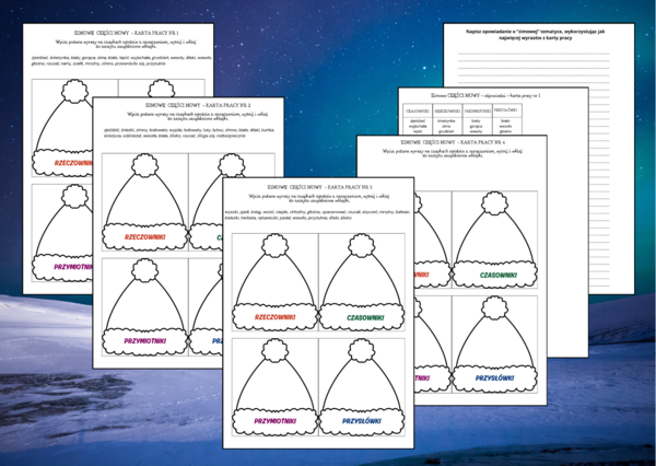 ZIMOWE CZĘŚCI MOWY – czasownik – rzeczownik – przymiotnik – przysłówek – karta pracy – opowiadanie – zima – wklejka – gramatyka – 3 wersje + odpowiedzi