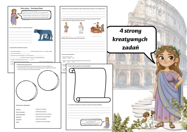 Karta pracy – Starożytny Rzym, podsumowanie działu, 4 strony, 9 angażujących zadań