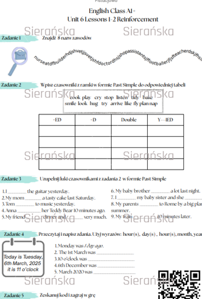 English Class A1+ Unit 6 Lessons 1-2 Reinforcement (Past Simple + Jobs)