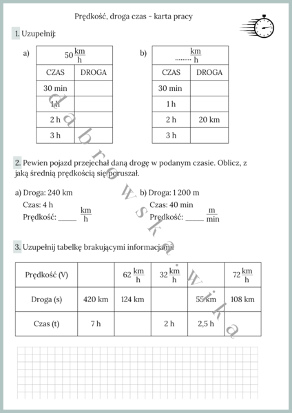 Prędkość, droga i czas - karta pracy