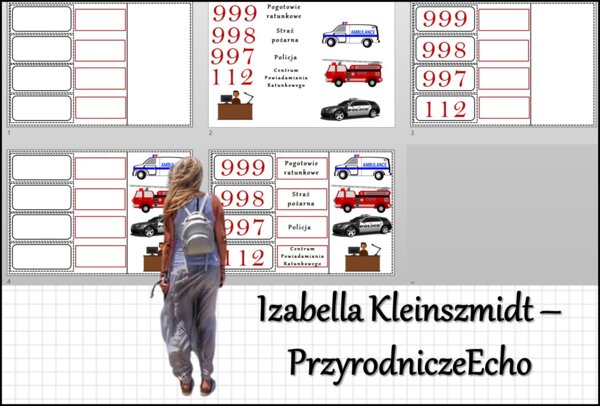 Materiał do zalaminowania/praca w grupach/stacje zadaniowe/układanka/puzzle „Numery telefonów alarmowych”, „Jak postępować w niebezpiecznych sytuacjach?” w pdf. Przyroda, dział „Odkrywamy tajemnice zdrowia”.