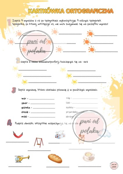 Kartkówka ortograficzna z ó, u, rz, ż, ch, h