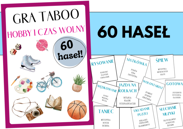 Edukacyjna gra TABOO HOBBY I CZAS WOLNY– 60 haseł! Idealna na lekcję, świetlicę, integrację i koniec roku szkolnego + instrukcja 🎒☀️