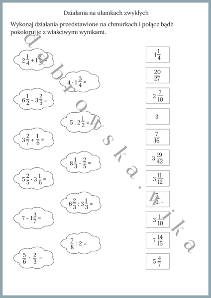 Działania na ułamkach zwykłych - chmurki
