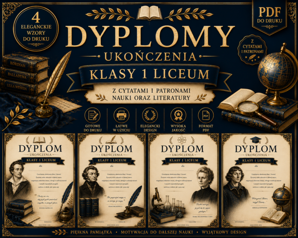 📚 Dyplomy ukończenia klasy 1 liceum – 4 eleganckie wzory z cytatami i patronami (PDF)