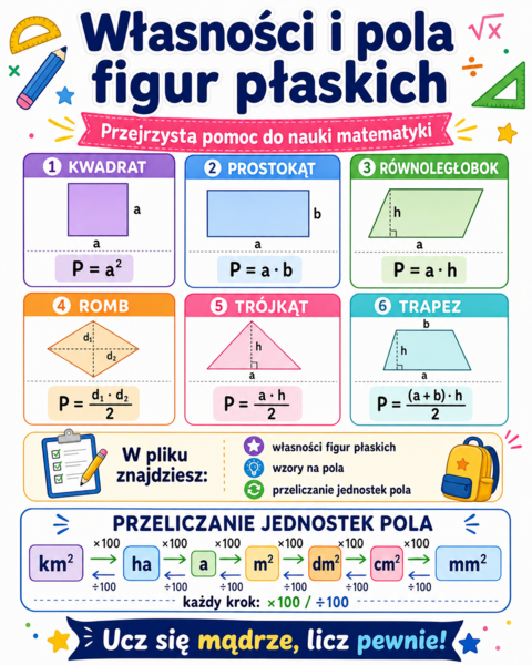 Własności, pola figur płaskich, zamiana jednostek pola