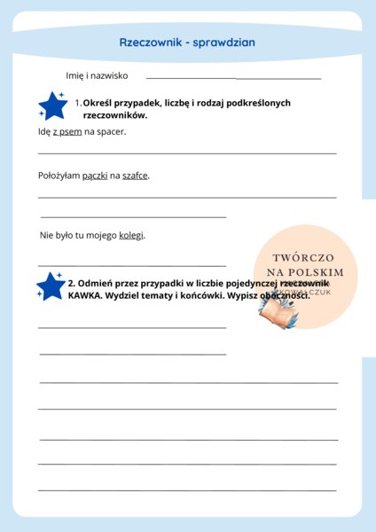 Kolorowy sprawdzian z rzeczownika