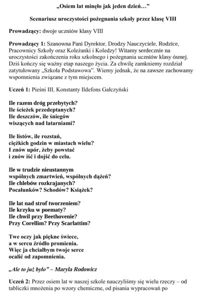 scenariusz pożegnania szkoły podstawowej  przez uczniów kl. VIII