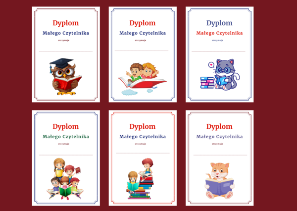 DYPLOM MAŁEGO CZYTELNIKA - pasowanie - BIBLIOTEKA - dyplomy – 12 wersji