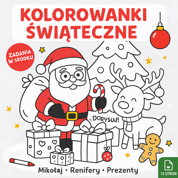 Kolorowanki świąteczne – upominki, Mikołaj, renifery