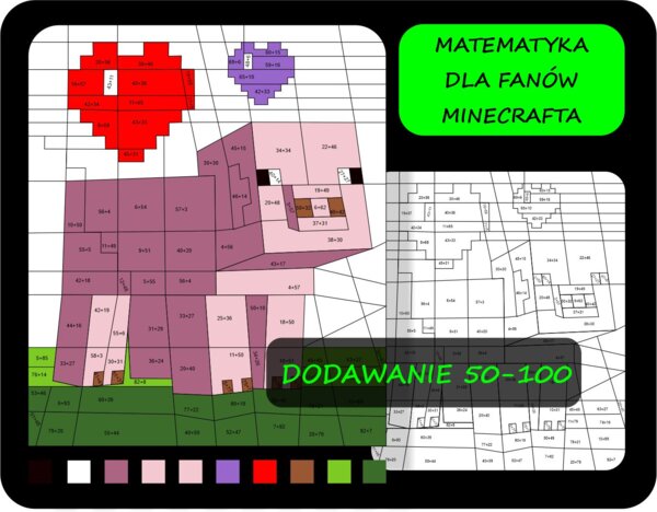 Dodawanie liczb dwucyfrowych, kolorowanka matematyczna, pokoloruj według wyników dodawania, Minecraft