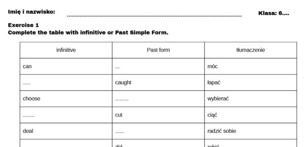 Kartkówka z czasowników nieregularnych 10-20