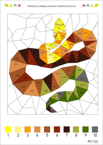 Dzielenie przez 8 - kolorowanka według wyników dzielenia przez liczby jednocyfrowe