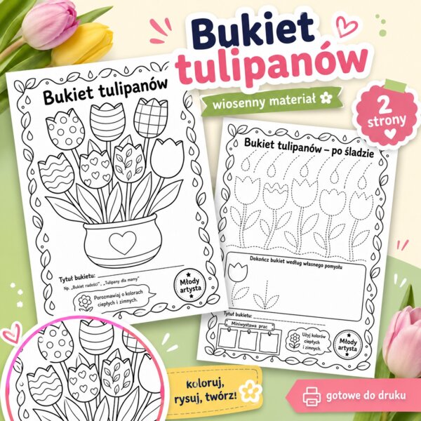 Kolorowanka edukacyjna. Bukiet tulipanów
