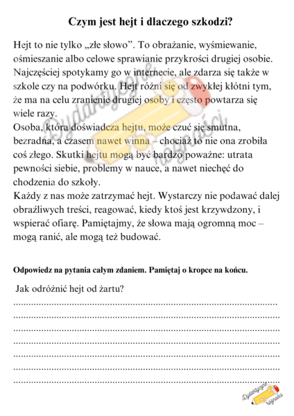 Lekcja wychowawcza - relacje rówieśnicze i hejt - klasa 4-6. Teksty + pytania otwarte.