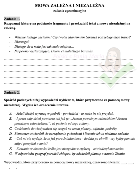 mowa zależna i niezależna - zadania egzaminacyjne