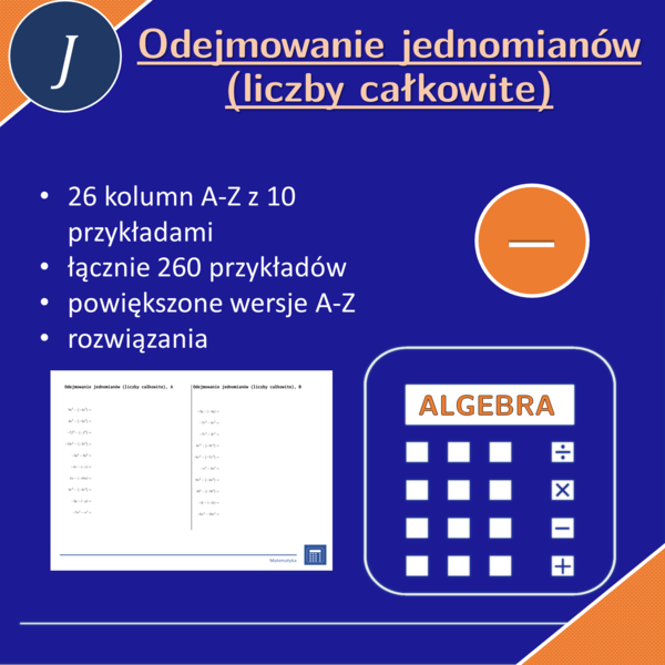 Odejmowanie jednomianów (liczby całkowite) | matematyka, algebra | 26 kolumn