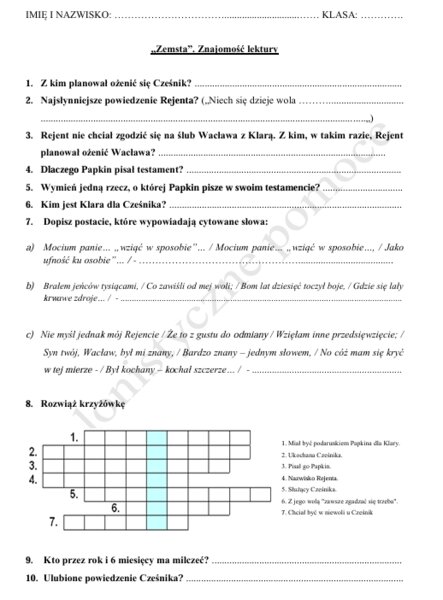 Kartkówka ze znajomości lektury "Zemsta" + odpowiedzi