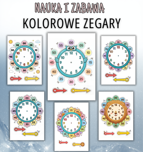 Kolorowe zegary NAUKA ODCZYTYWANIA GODZIN 6 szablonów ruchome wskazówki gotowy pdf do druku