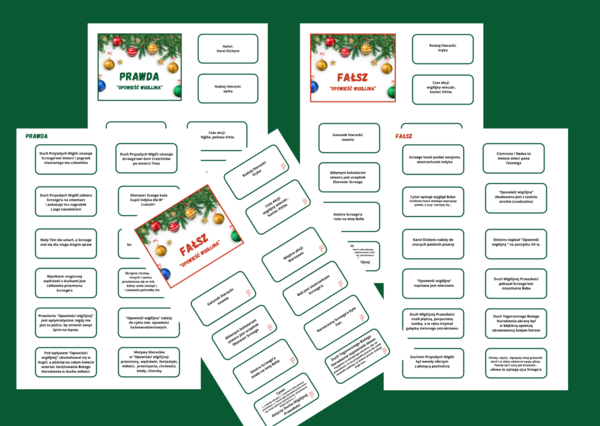 "OPOWIEŚĆ WIGILIJNA" - 68 fiszek - fiszki - PRAWDA - FAŁSZ - lektury obowiązkowe + ODPOWIEDZI