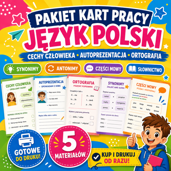 Kolorowe karty pracy z języka polskiego – cechy człowieka, części mowy, ortografia i autoprezentacja