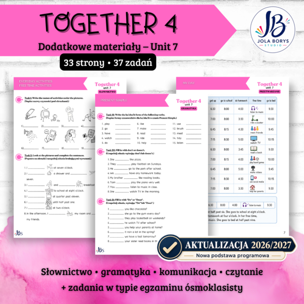 Together 4 Unit 7 - materiały dodatkowe: słownictwo, gramatyka, komunikacja, czytanie, egzamin ósmoklasisty - karty pracy, ćwiczenia, nowa podstawa 2026/2027
